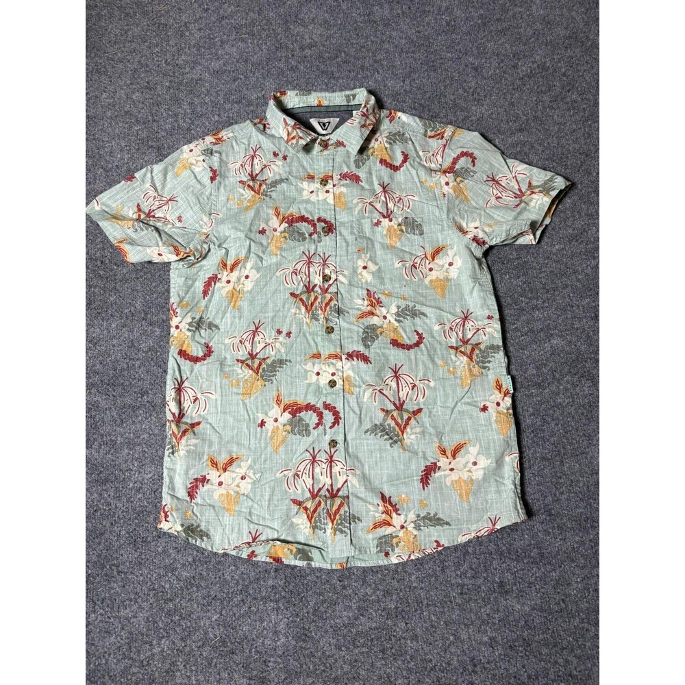 Vissla Shirt Mens S Green Floral Tropical Short Sleeve Cotton Button-Up Casual